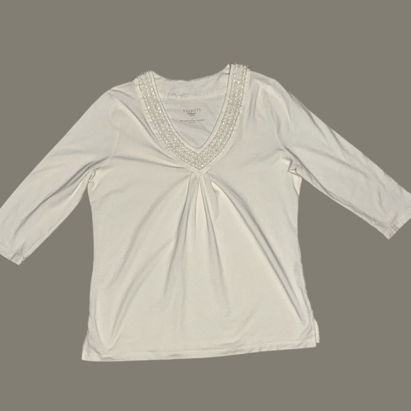 Talbots Ivory Cream V-Neck Top‎ Size X Beaded Embellished 3/4 Sleeve - Picture 1 of 5